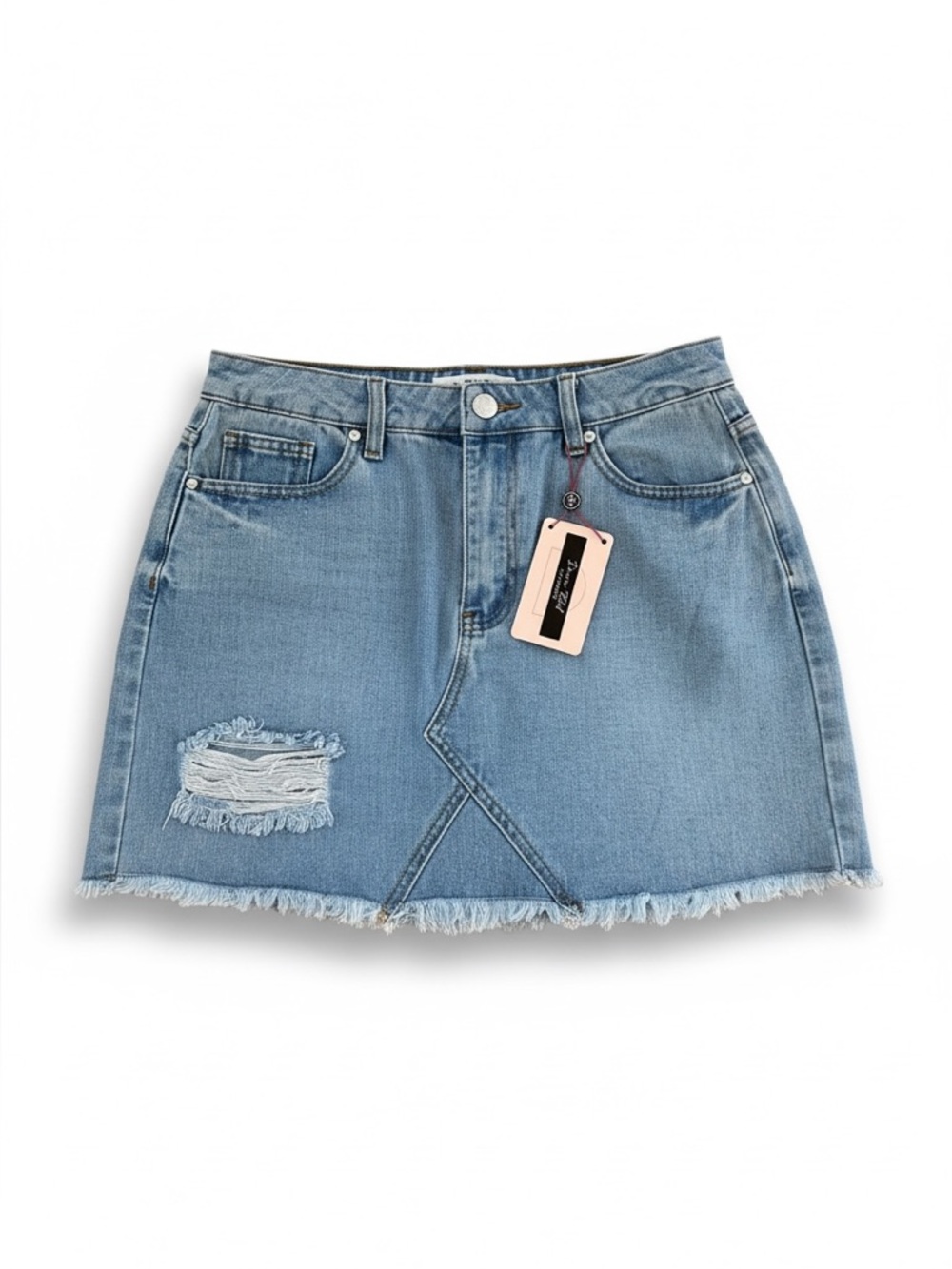 Denim Blvd Los Angeles Med Wash Distressed Denim Mini Skirt Size Medium NWT - Picture 2 of 12